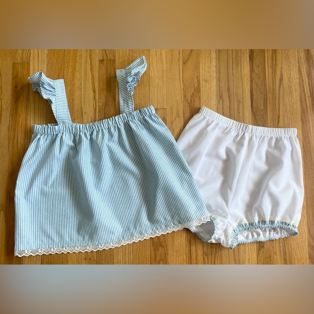 Vintage 60s-Inspired Ruffled Babydoll Pajamas *Large* GREEN Sleep Top Bloomers